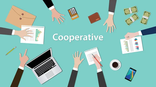 Kooperativa konceptet diskussion illustration med paperworks, pengar, notebook ovanpå bordet — Stock vektor
