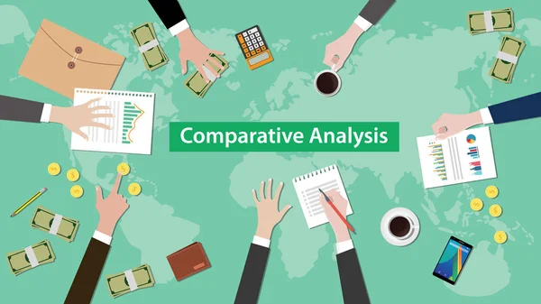 Análisis comparativo concepto discusión ilustración con papeles, papel moneda y monedas en la parte superior de la tabla — Vector de stock