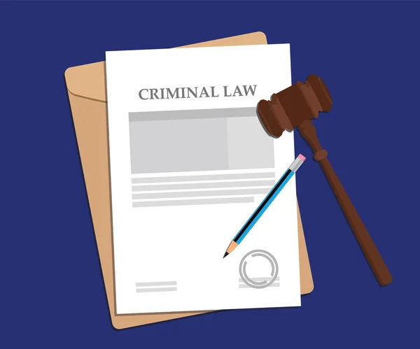 Firma del concepto de derecho penal ilustración con papeleo, pluma y un martillo juez — Vector de stock
