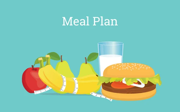 Εικονογράφηση σχέδιο γεύμα με γάλα, φρούτα και burger σε έναν πίνακα — Διανυσματικό Αρχείο