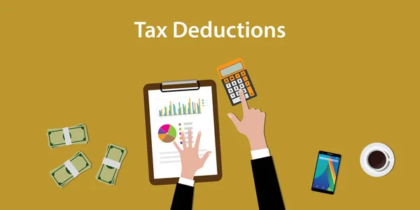 Illustration of working to count a tax deductions calculation with paperworks and calculator on top of table — Stock Vector