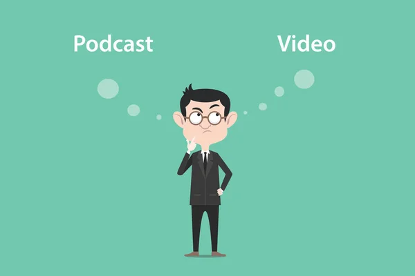 Gândirea despre diferența de podcast vs ilustrație video cu un text cu bule albe — Vector de stoc