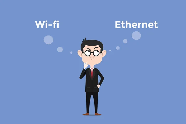 Verwirren zu wählen, ob mit Wifi vs Ethernet für die Internetverbindung im Büro Abbildung mit weißer Blase Text — Stockvektor
