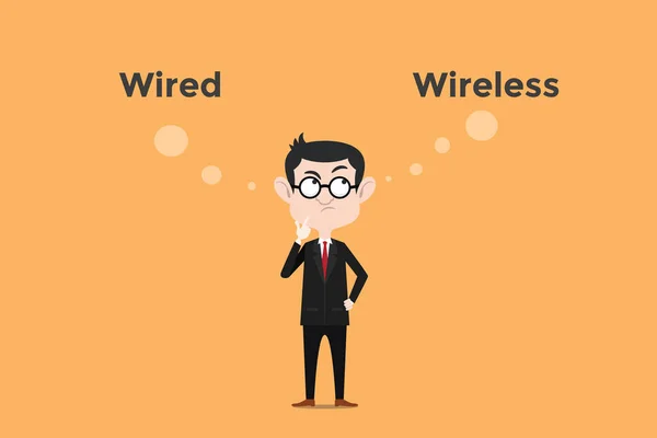 Förvirra för att välja huruvida använda wired vs trådlös för internet-anslutning i office illustration med vit bubbla text — Stock vektor