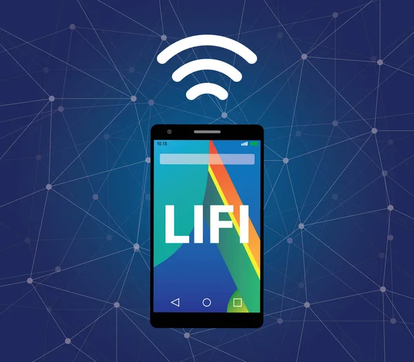 Iluustration symbool voor Li-Fi of licht Fidelity met scherm op mobiele telefoon en symbool van signaal — Stockvector