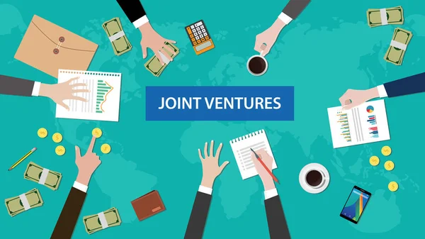 Discussiegroep over joint ventures in een illustratie van de vergadering met de administratie, munten, map document bezaaid op top tafel — Stockvector