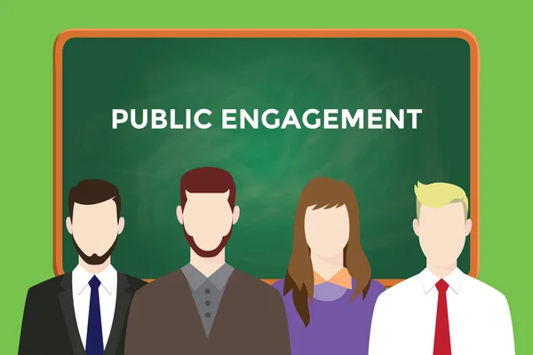 Public engagement text on green chalkboard illustration with four people man and women in front of the board — Stock Vector