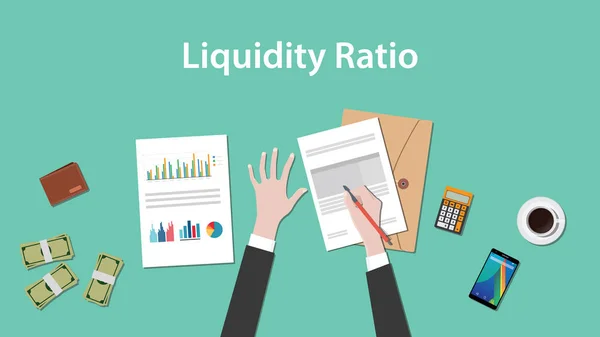 Illustration der Zählung der Liquiditätsquote mit Papieren, Taschenrechner und Geld oben auf der Tabelle — Stockvektor