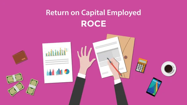 Příklad počítání návratnosti kapitálu zaměstnán Roce papírnu, Kalkulačka a peníze na stůl — Stockový vektor