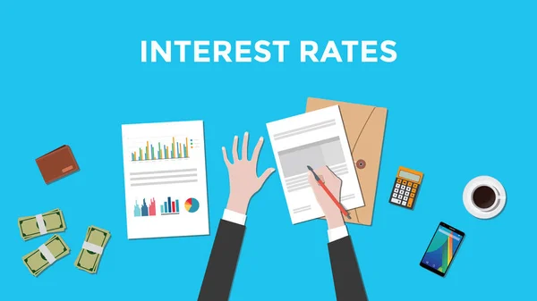 Иллюстрация подсчета процентных ставок с бумажной работой, калькулятором и деньгами поверх таблицы и синим фоном — стоковый вектор