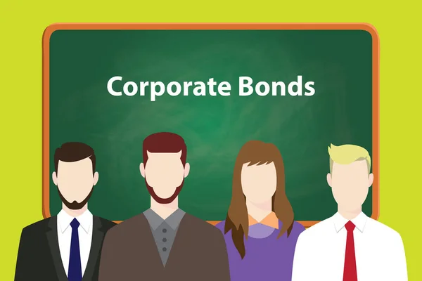 Ilustración de bonos corporativos con cuatro personas frente a pizarra verde y texto blanco — Vector de stock