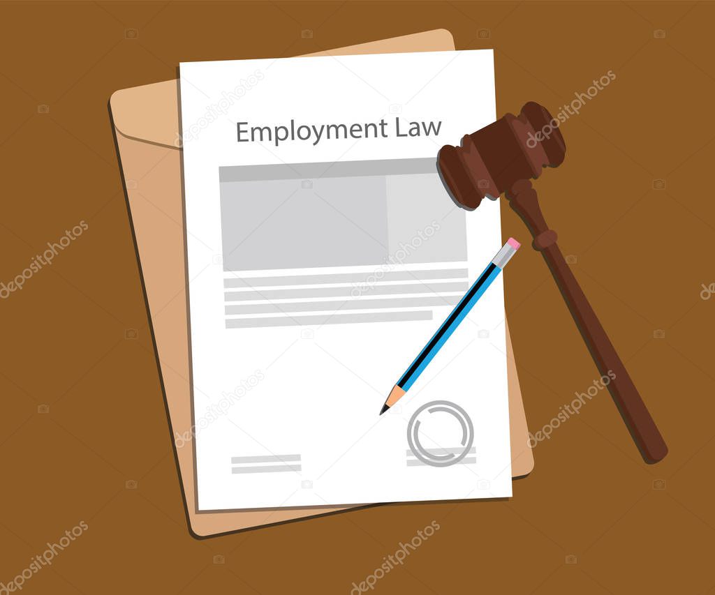 employment law concept illustration with paperworks, pen and a judge hammer