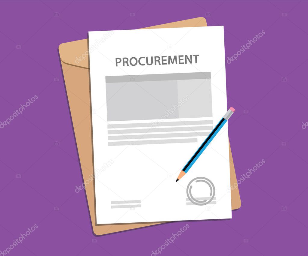 Signing procurement agreement stamped paper with pen and folder document on top of table vector