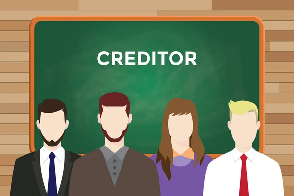 Ilustración de acreedores con cuatro personas frente a pizarra verde y texto blanco — Archivo Imágenes Vectoriales