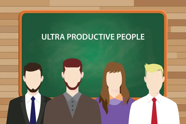 Ilustración de personas ultra productivas con cuatro personas delante de pizarra verde y texto blanco — Vector de stock