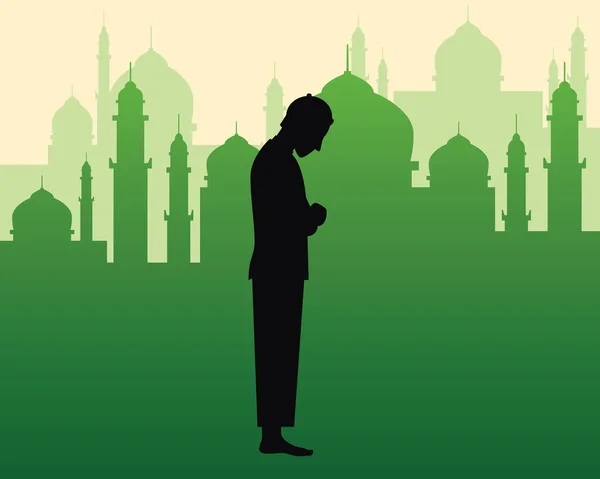 이슬람교 기도 하 고 남자의 실루엣 블랙 하 고 녹색 배경으로 돔 및 탑 모스크의 실루엣을 가진 하는 sholat 삽화를 기도 — 스톡 벡터