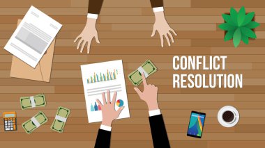 conflict resolution concept illustration with two people discuss and money, paperworks, folder document and vase on top of table clipart