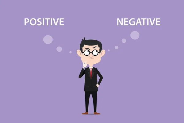 Confuse about positive negative effects illustration with a man wearing black suit and eyeglass and white text on top of his head — Stock Vector