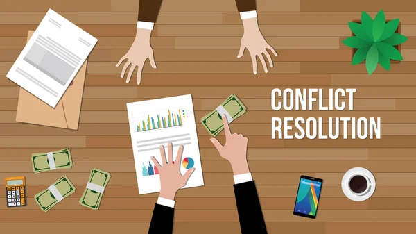 Conflict resolutie concept illustratie met twee mensen bespreken en geld, de administratie, de map document en de vaas op de top van tabel — Stockvector