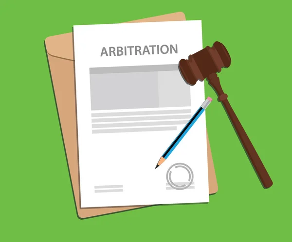 Arbitragem carta acordo carimbado com documento pasta, lápis azul e martelo juiz —  Vetores de Stock