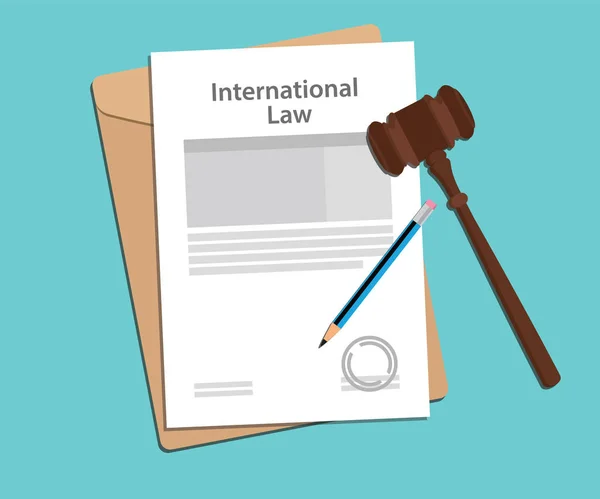 Международное правовое соглашение с печатью папки документа, голубой карандаш и судья молоток — стоковый вектор