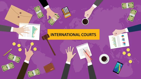 Nemzetközi Bíróság koncepció vita a találkozó paperworks, pénz, érme és bíró kalapács a táblázat tetején — Stock Vector