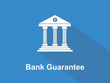 Banka garanti beyaz metin illüstrasyon ve mavi arka plan banka ofis binası ile