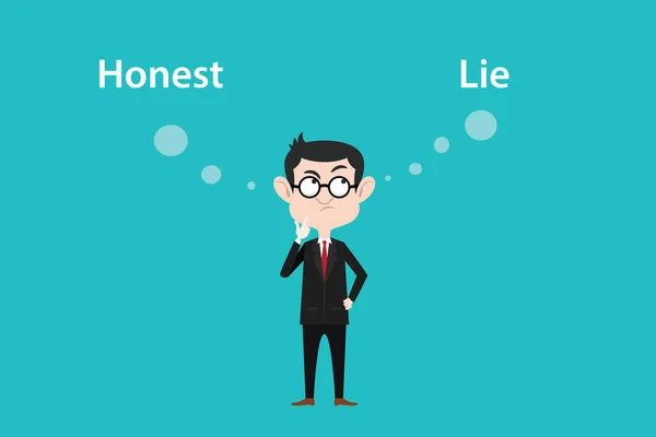 Ilustração um homem vestindo óculos confuso para escolher entre honesto ou mentira com fundo azul — Vetor de Stock