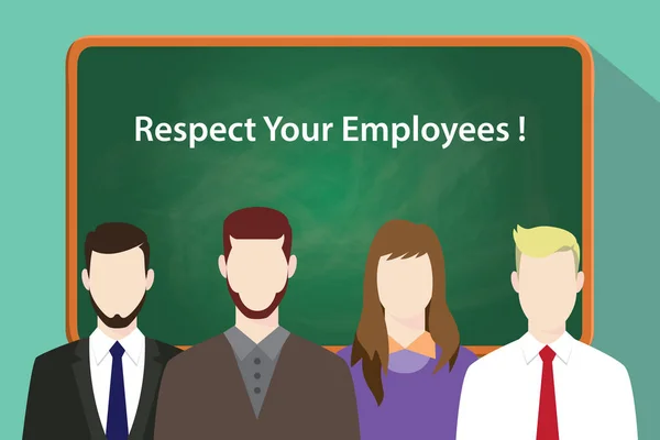 Respektieren Sie den weißen Text Ihrer Mitarbeiter auf einer grünen Tafel mit vier Personen, die vor der Tafel stehen — Stockvektor