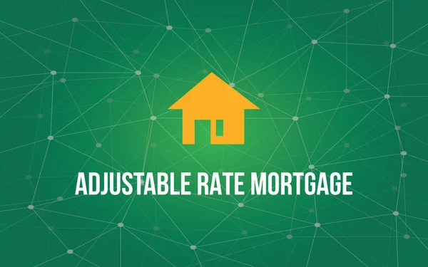 Taxa ajustável hipoteca texto branco ilustração com silhueta casa amarela e constelação verde como fundo — Vetor de Stock