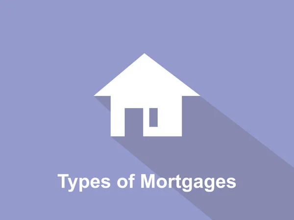 Tipos de hipotecas Ilustración de texto blanco con silueta de casa blanca y fondo púrpura — Archivo Imágenes Vectoriales
