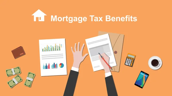 Ilustração de pessoas contando benefício de imposto hipotecário em uma papelada com dinheiro, documento de pasta em cima da mesa —  Vetores de Stock