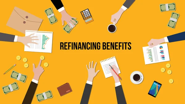Ilustração da situação de discussão de benefícios de refinanciamento em uma reunião com papeladas, dinheiro e moedas no topo da tabela —  Vetores de Stock