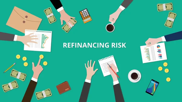 Illustrazione della situazione della discussione sul rischio di rifinanziamento in una riunione con documenti, denaro e monete in cima al tavolo — Vettoriale Stock