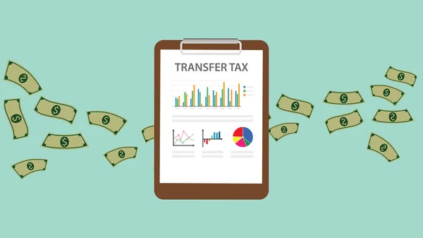 Transferir texto fiscal em uma papelada e prancheta com ilustração de dinheiro voador —  Vetores de Stock