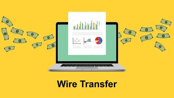 wire transfer illustration with paperwork in front of laptop screen and flying money as background