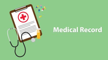 Evrak klibi kurulu, steteskop, kapsül ve vitamini tüp ile tıbbi kayıt illüstrasyon