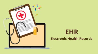 paperworks, stetoskop, kapsül ve vitamini tüp ile onun elektronik sağlık kaydı beyaz metin illüstrasyon