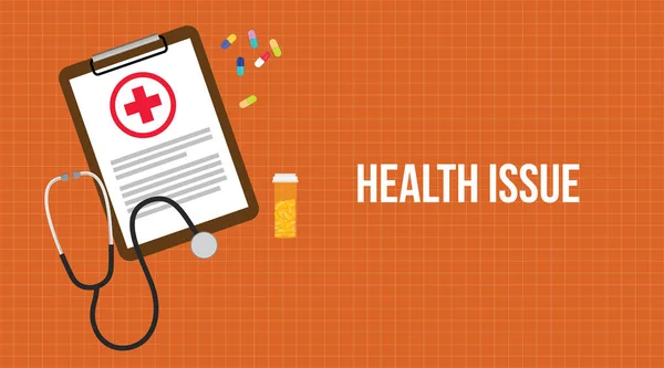 Ilustração problema de saúde com papelada em prancheta, um estetoscópio, cápsulas e tubo de vitamina —  Vetores de Stock