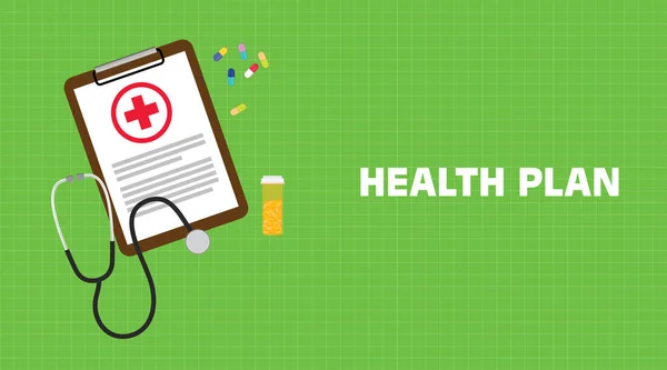 Health plan illustration with paperwork on clip board, a stethoscope, capsules and vitamin tube with green background — Stock Vector