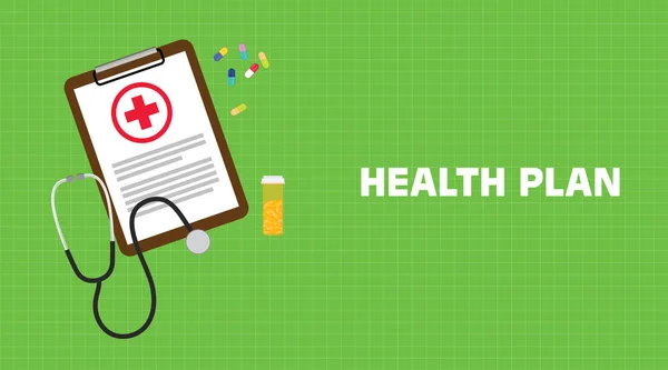 Sağlık planı illüstrasyon klibi kurulu evrak, yeşil arka plana sahip bir stetoskop, kapsül ve vitamin tüp ile