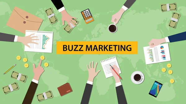 Απεικόνιση του buzz marketing συζήτηση σε μια συνάντηση με paperworks, έγγραφο του φακέλου και τα χρήματα πάνω από το τραπέζι και παγκόσμιο χάρτη ως φόντο — Διανυσματικό Αρχείο