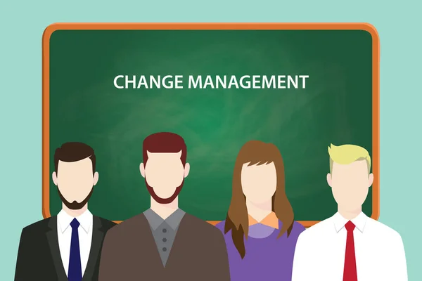 Change Management weißer Text auf grüner Kreidetafel Illustration mit vier Personen vor der Kreidetafel — Stockvektor