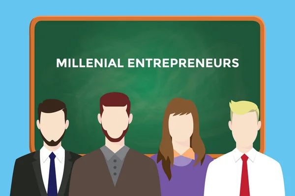 Milllenial podnikatelé ilustrace se čtyřmi lidmi před zelená křída deska a bílý text — Stockový vektor