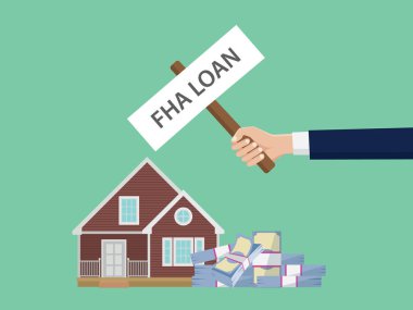 FHA illüstrasyon bir poster ev ve nakit para yığını tutan el ile kredi