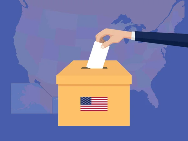 Estados Unidos EUA América eleição conceito de voto ilustração com as pessoas eleitor mão dá votos inserir para caixas eleição com longa sombra plana estilo —  Vetores de Stock
