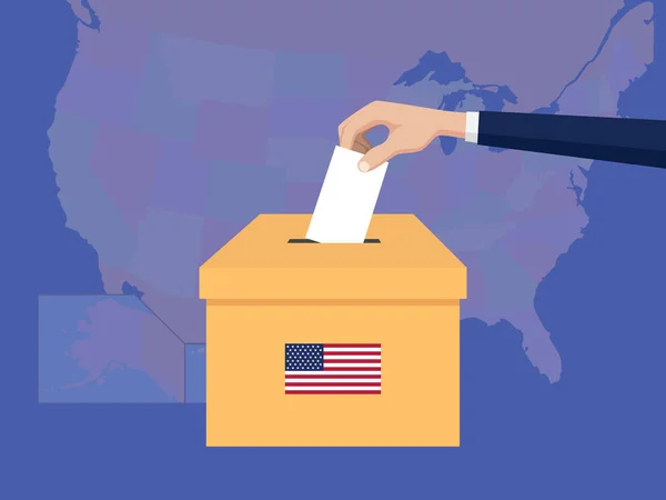 Estados unidos EE.UU. Estados Unidos concepto de votación electoral ilustración con la mano votante gente da votos insertar en cajas elección con sombra larga estilo plano — Vector de stock