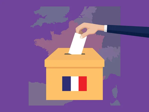 France election vote concept illustration with people voter hand gives votes insert to boxes election with long shadow flat style — Vector de stock