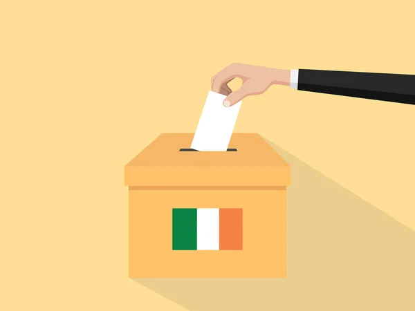 Ireland elección voto concepto ilustración con gente votante mano da votos insertar en cajas elección con sombra larga estilo plano — Vector de stock