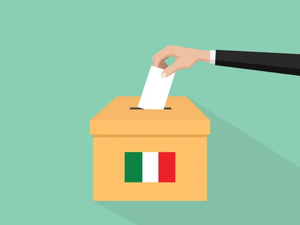 Ilustración del concepto de votación electoral itlay con la mano del votante de la gente da votos insertar en las cajas de elección con el estilo plano sombra larga — Vector de stock